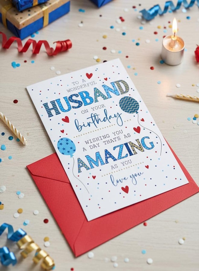 PICKKART Husband Birthday Card with Red Envelope, Blue and Gold Design, Hearts and Balloons Theme, 15 cm Width, Romantic Anniversary Greeting Card - Image 2